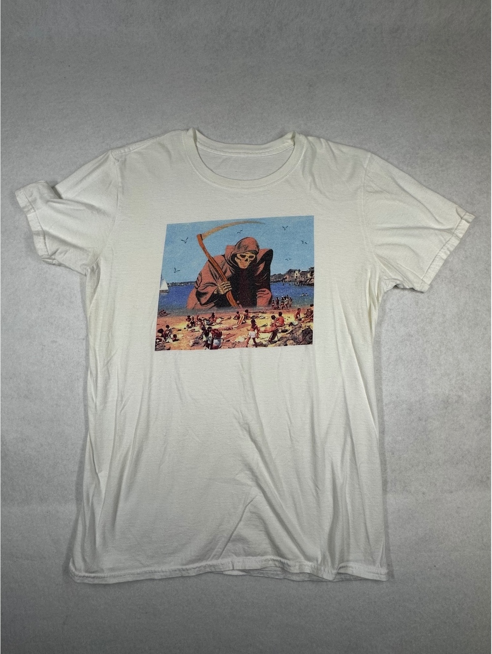 White Graphic T-Shirt with Grim Reaper Beach Print